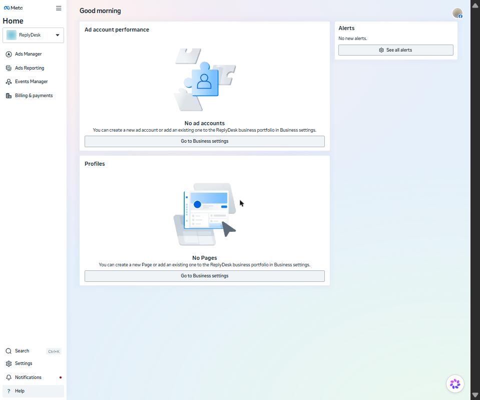 Meta Business Suite home: the business portfolio selector is at the top left.