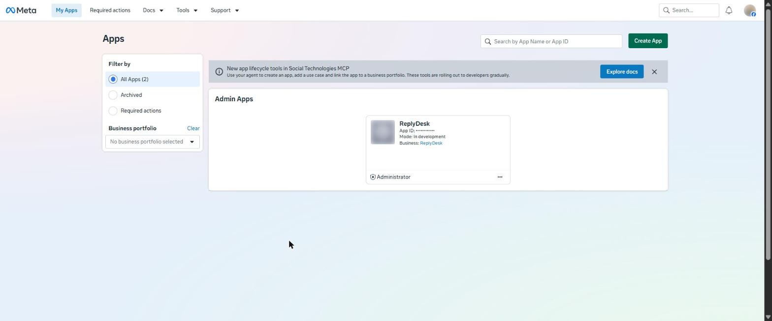 Meta for Developers, My Apps: the Create App button is at the top right.