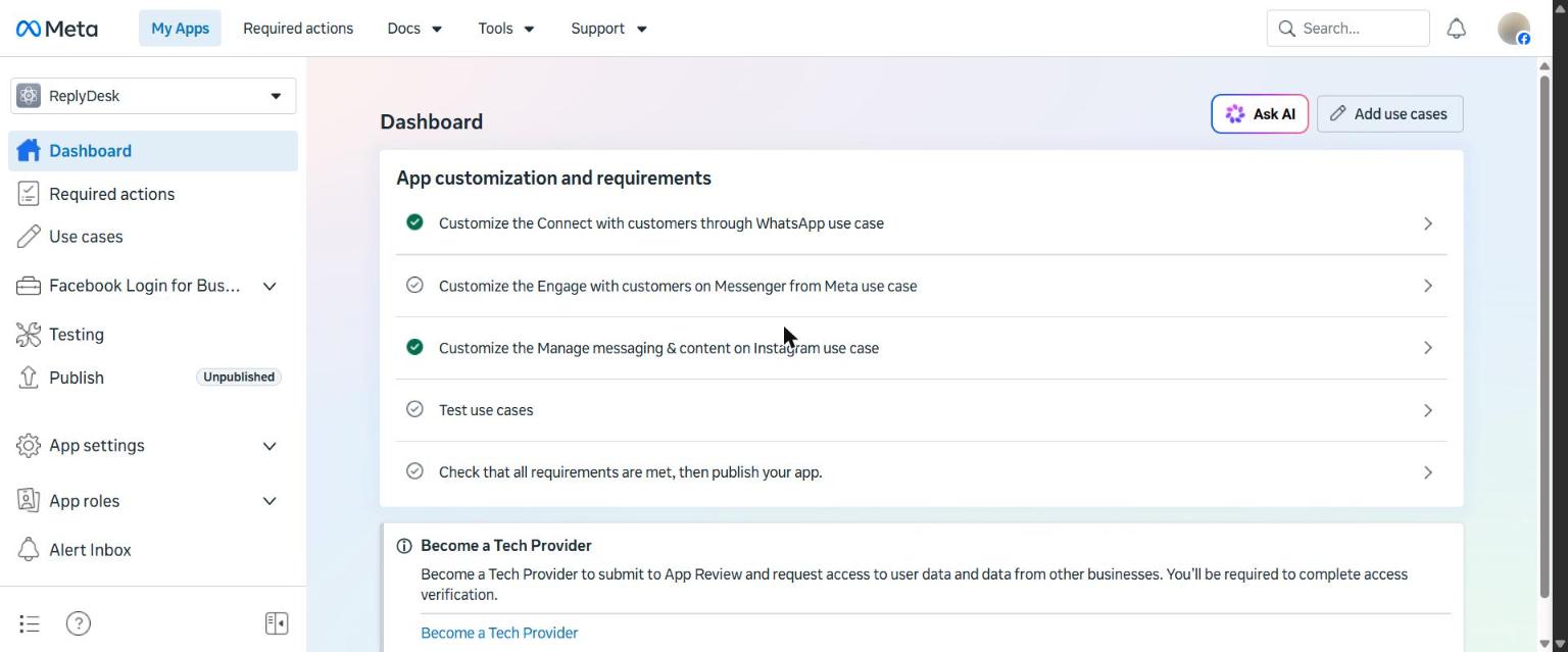 App dashboard: the WhatsApp use case is the first row.
