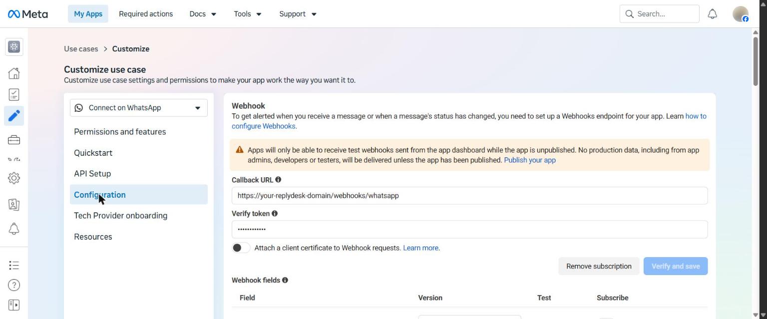 Configuration: Callback URL, Verify token, then Verify and save.