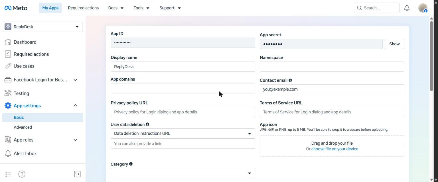 App settings → Basic: the app secret stays hidden until you click Show.