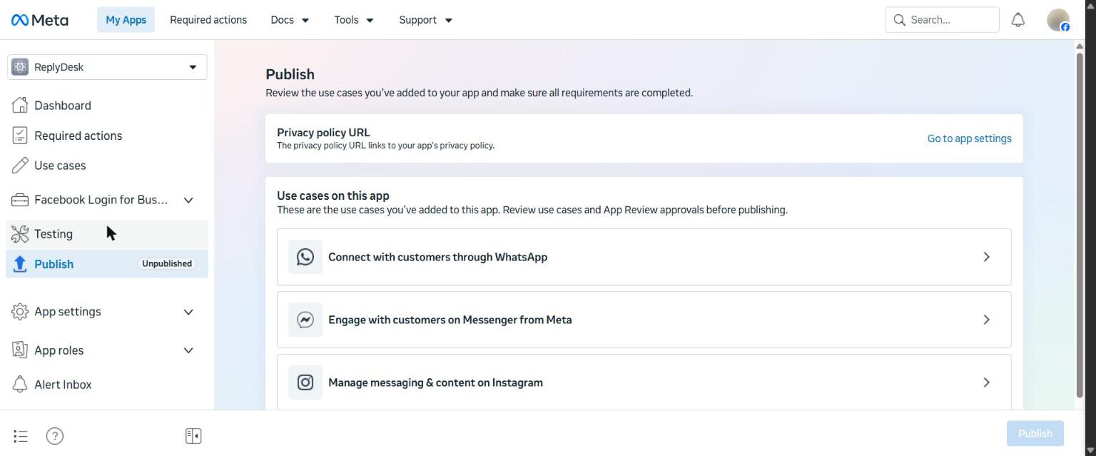 Publish: add the privacy policy URL first, then Publish at the bottom right.