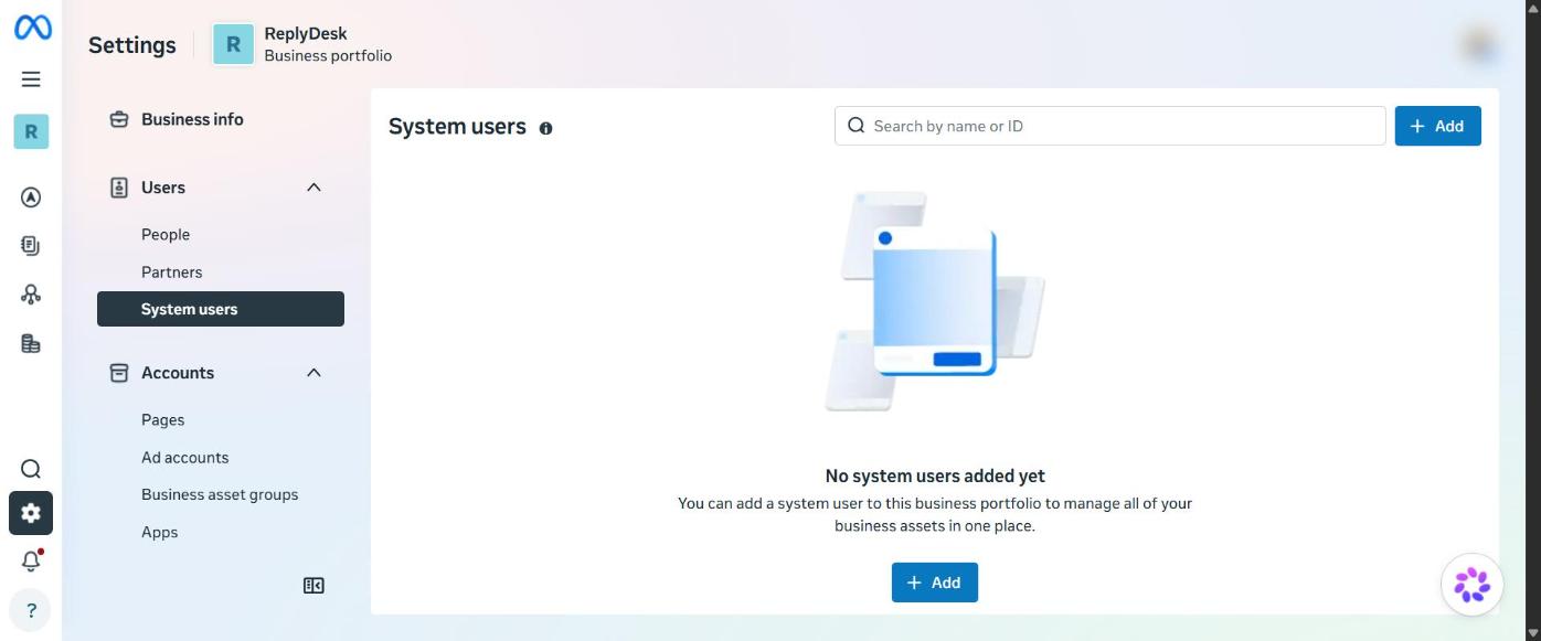 Business settings, System users: the Add button is at the top right.