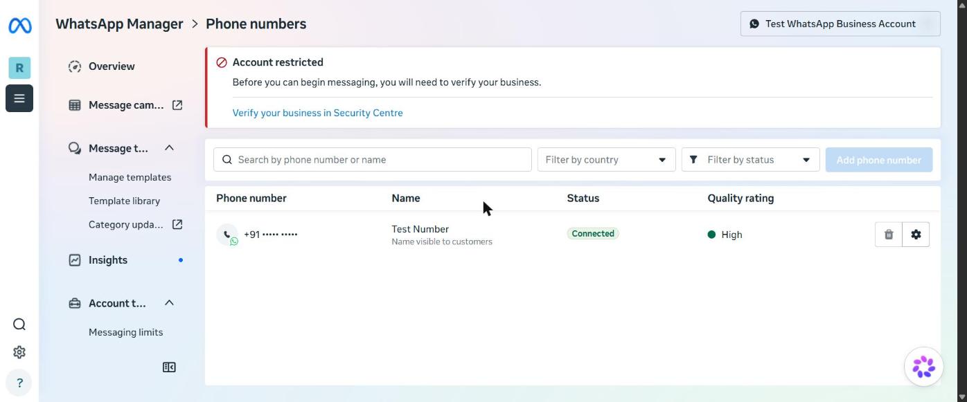 WhatsApp Manager, Phone numbers. The Add phone number button turns blue once your business is verified.