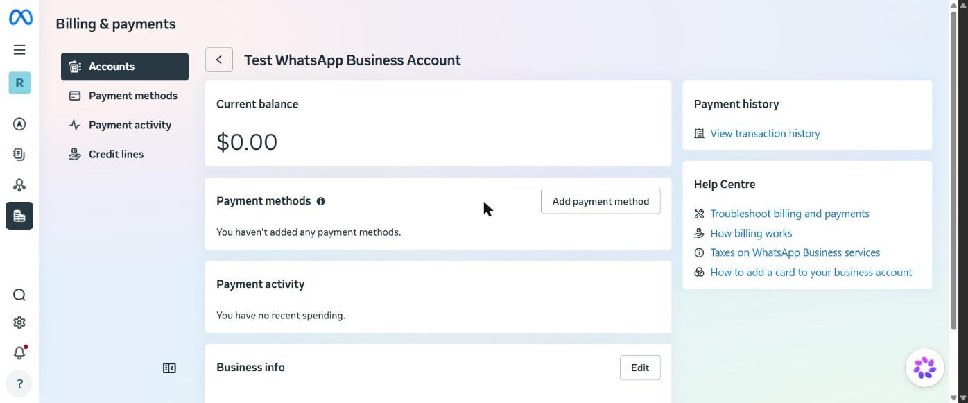 Billing & payments for the WhatsApp account: Add payment method.